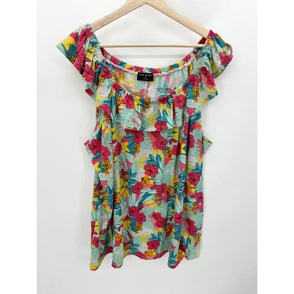 Lane Braynt Green Tropical Floral Print Ruffle Trim Top Women's Plus Size 34/36 - Picture 1 of 8
